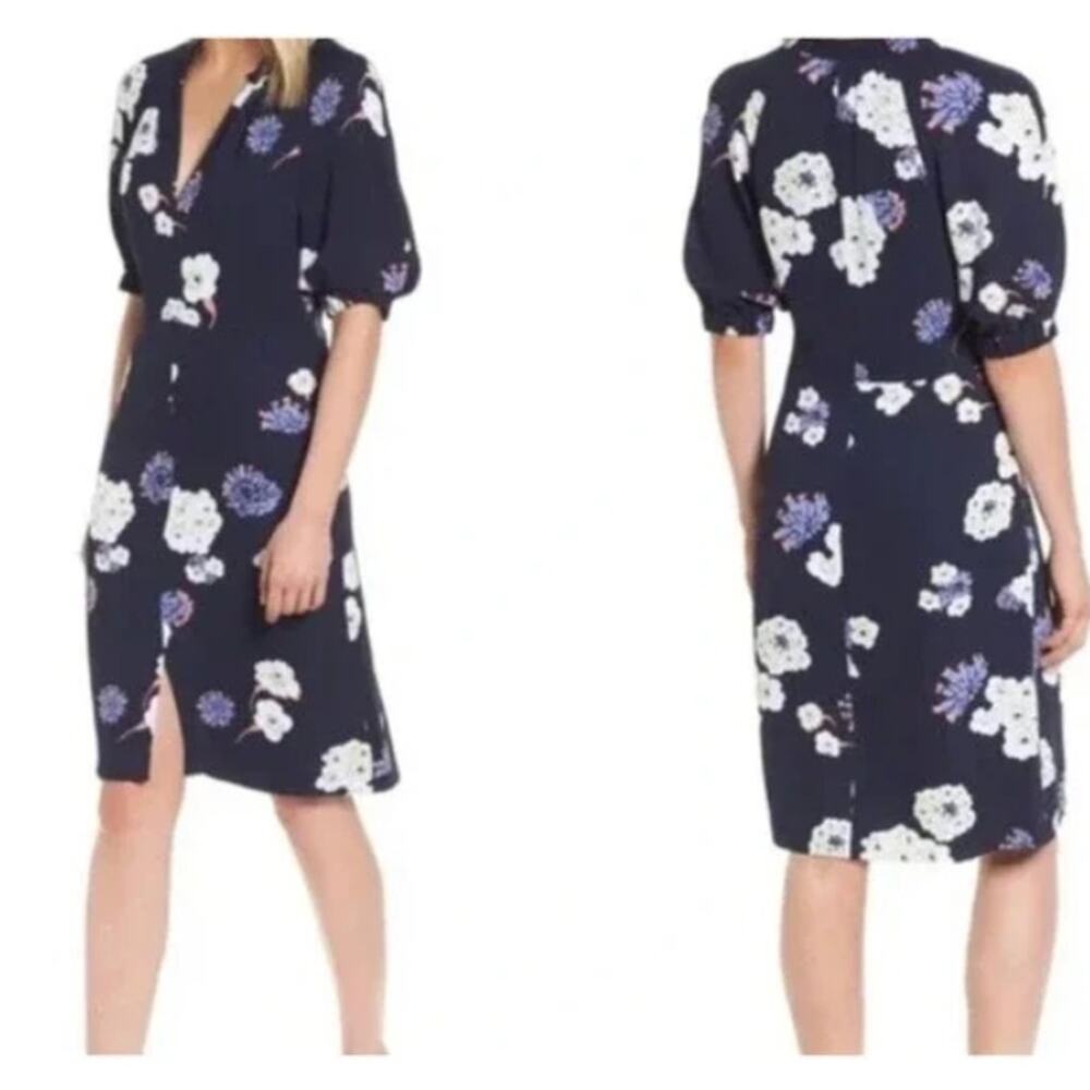 Lewit Navy Floral Short Sleeve Knee Length V Neck Sheath Dress Size 10